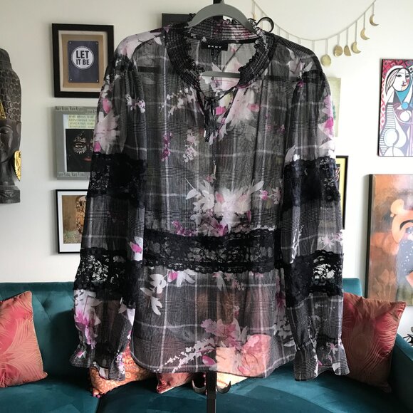 DKNY size XL Sheer Black Glen Plaid Chiffon Pink Floral & Lace Blouse Top - Picture 7 of 8